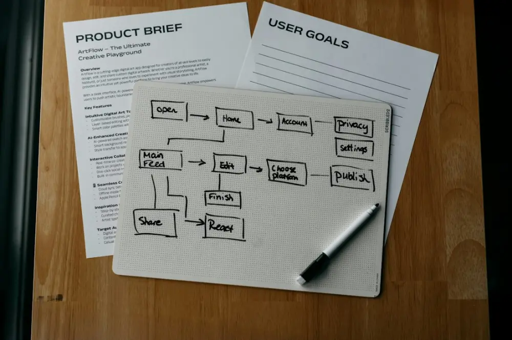 Diagrama de flujo de trabajo sobre un cuaderno en un escritorio